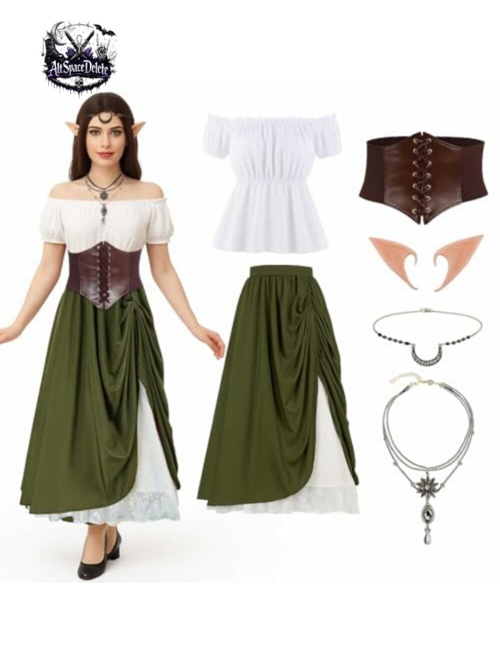 Renaissance Costume Set Women Medieval Fairy Elf Dress Cosplay 6 Pieces